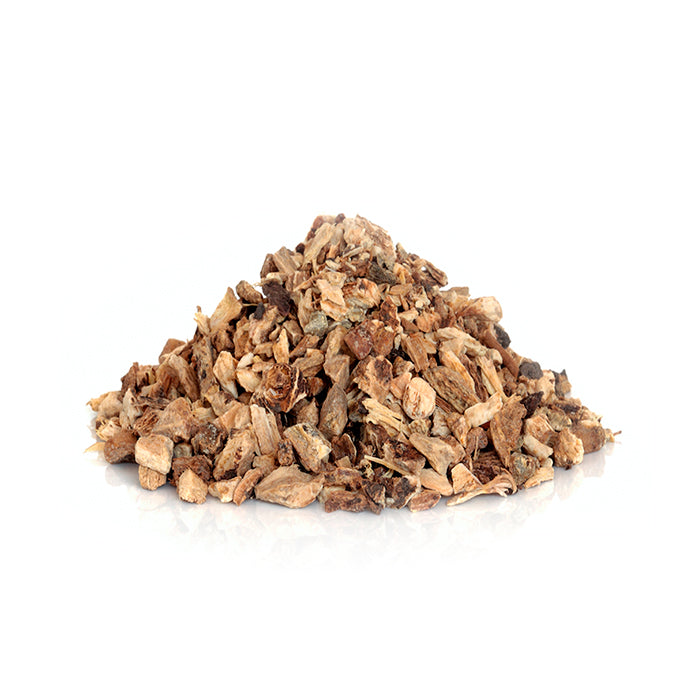 A pile of dried wood chips with a rough texture and natural brown hues, displayed against a clean white background.