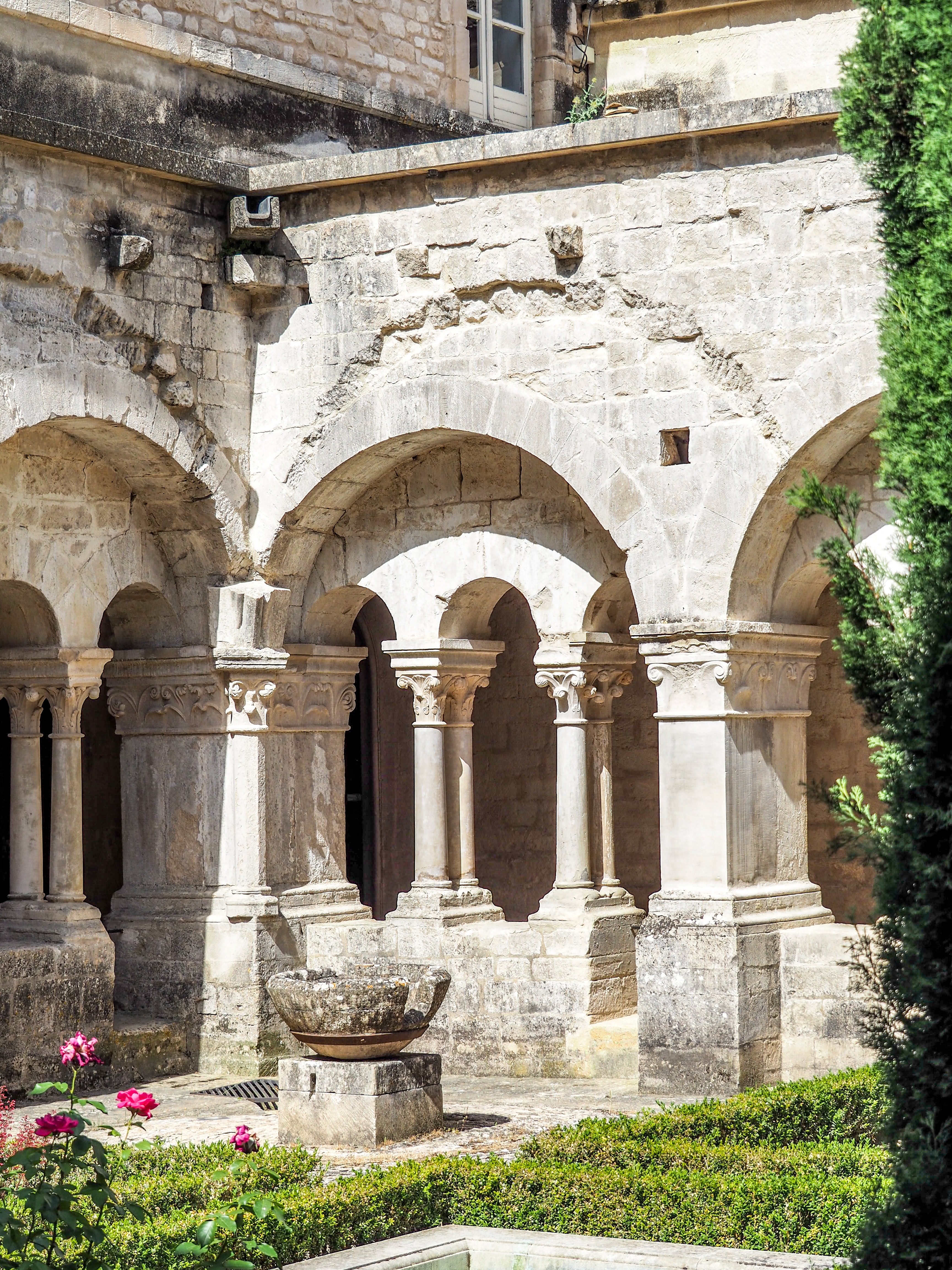 A historic stone courtyard featuring arched colonnades with ornate carvings, a weathered stone basin in the foreground, and neatly trimmed greenery with blooming pink roses.