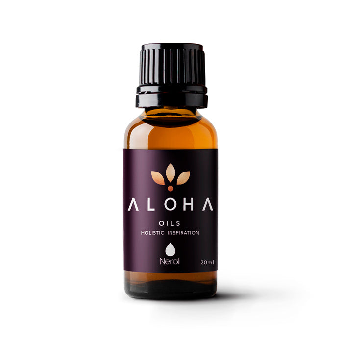 A 20ml amber glass bottle of Aloha Oils Neroli essential oil with a sleek black cap and a modern purple label featuring the Aloha Oils logo and the tagline 'Holistic Inspiration.'