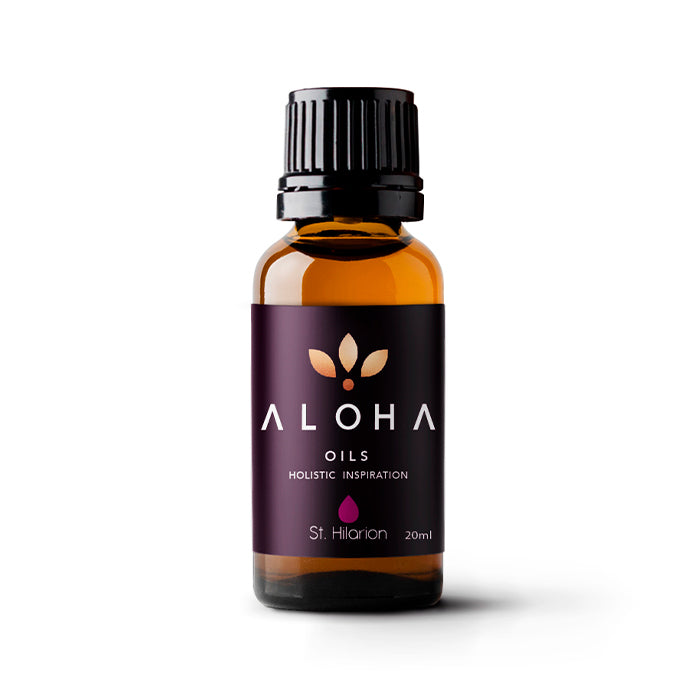 A 20ml amber glass bottle of Aloha Oils St. Hilarion essential oil with a sleek black cap and a modern purple label featuring the Aloha Oils logo and the tagline 'Holistic Inspiration.'