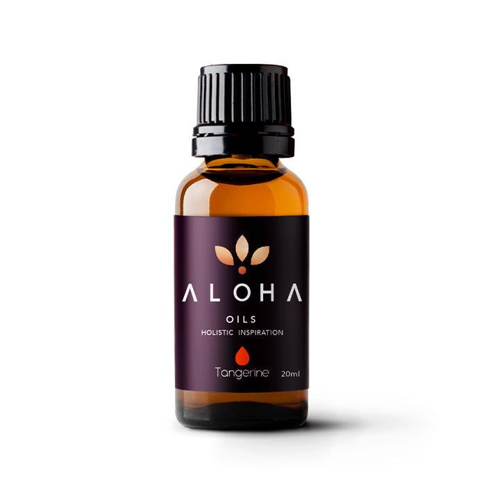 A 20ml amber glass bottle of Aloha Oils Tangerine essential oil with a sleek black cap and a modern purple label featuring the Aloha Oils logo and the tagline 'Holistic Inspiration.'