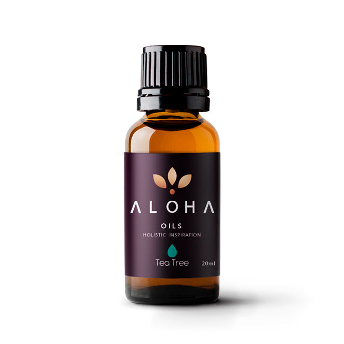 A 20ml amber glass bottle of Aloha Oils Tea Tree essential oil with a sleek black cap and a modern purple label featuring the Aloha Oils logo and the tagline 'Holistic Inspiration.'